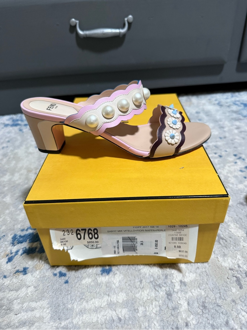 Fendi Pink Pearl & Daisy Double-Strap Slide Sandals - Picture 2 of 8
